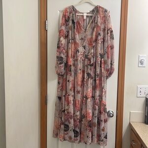 H&M flowy tiered mauve floral dress, size L.